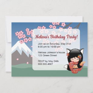 Kitsune Kokeshi Doll, Black Fox Birthday Party Invitation