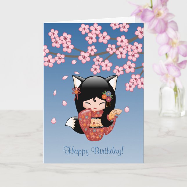 Kitsune Kokeshi Doll - Black Fox Geisha Birthday Card (Orchid)