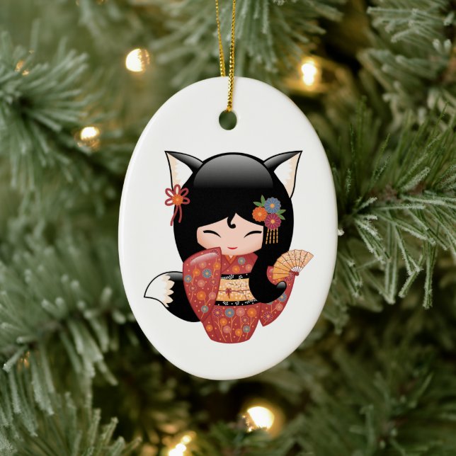Kitsune Kokeshi Doll - Black Fox Geisha Ceramic Tree Decoration (Tree)