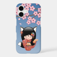 Kitsune Kokeshi Doll - Black Fox Geisha Girl