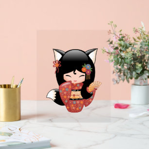Kitsune Kokeshi Doll - Black Fox Geisha Girl Acrylic Sign