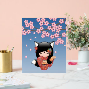 Kitsune Kokeshi Doll Black Fox Geisha Girl Blue Acrylic Sign