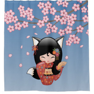Kitsune Kokeshi Doll Black Fox Geisha Girl Blue Shower Curtain