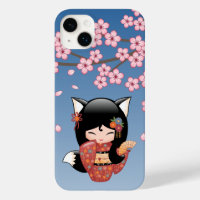 Kitsune Kokeshi Doll - Black Fox Geisha Girl