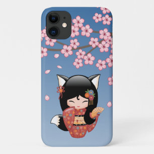 Kitsune Kokeshi Doll - Black Fox Geisha Girl iPhone 11 Case