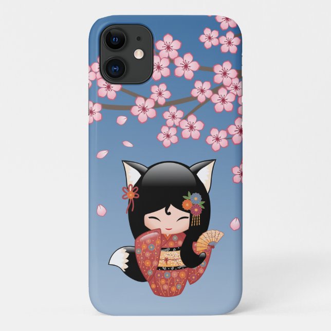Kitsune Kokeshi Doll - Black Fox Geisha Girl Case-Mate iPhone Case (Back)