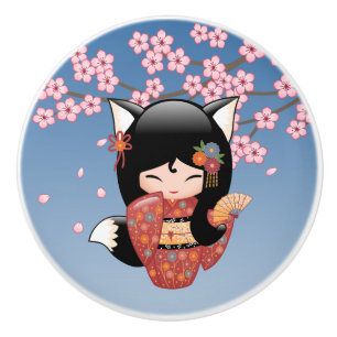 Kitsune Kokeshi Doll - Black Fox Geisha Girl Ceramic Knob