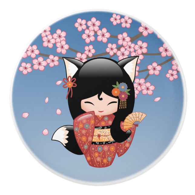 Kitsune Kokeshi Doll - Black Fox Geisha Girl Ceramic Knob (Front)