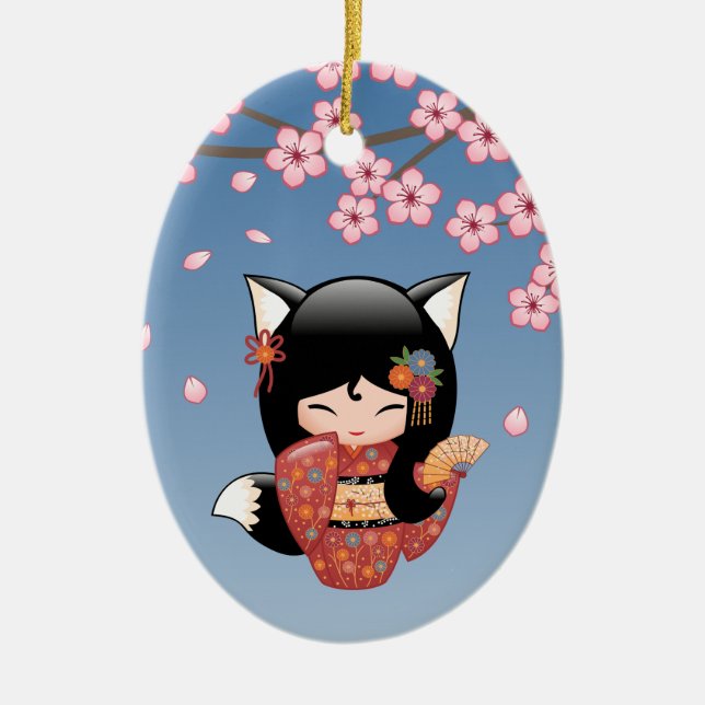 Kitsune Kokeshi Doll - Black Fox Geisha Girl Ceramic Tree Decoration (Front)