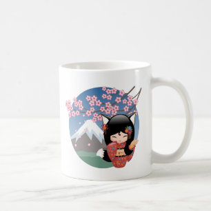 Kitsune Kokeshi Doll - Black Fox Geisha Girl Coffe Coffee Mug