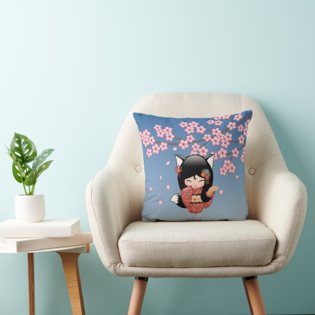 Kitsune Kokeshi Doll - Black Fox Geisha Girl Cushion (Chair)