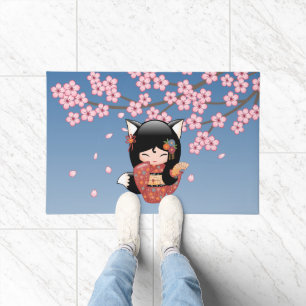 Kitsune Kokeshi Doll - Black Fox Geisha Girl Doormat