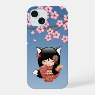 Kitsune Kokeshi Doll - Black Fox Geisha Girl iPhone 15 Case