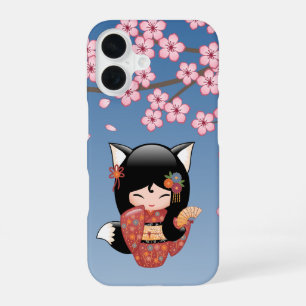 Kitsune Kokeshi Doll - Black Fox Geisha Girl iPhone 16 Case