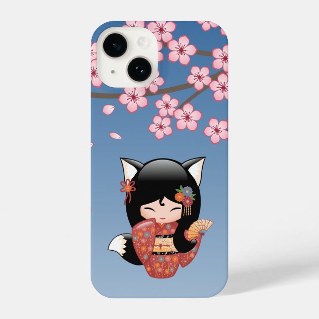 Kitsune Kokeshi Doll - Black Fox Geisha Girl iPhone Case (Back)