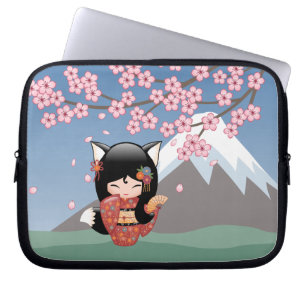 Kitsune Kokeshi Doll - Black Fox Geisha Girl Laptop Sleeve
