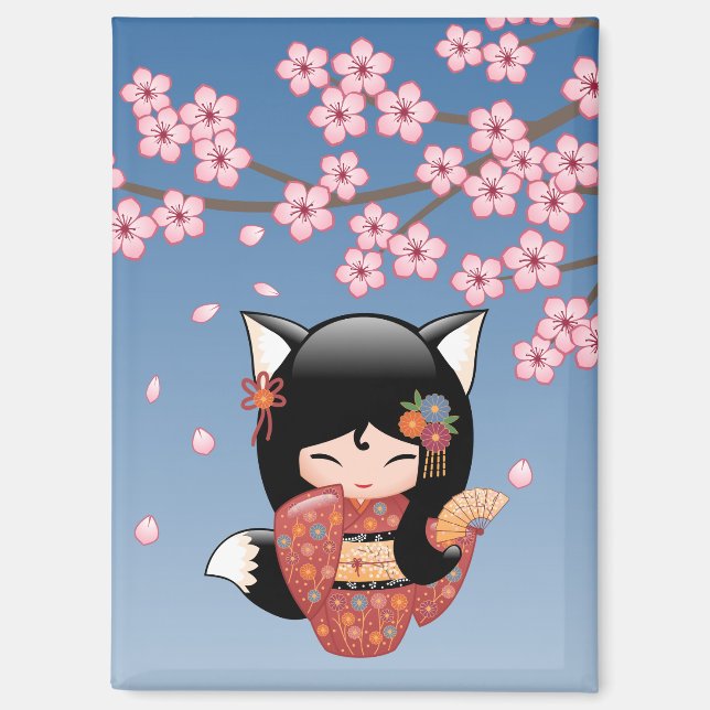 Kitsune Kokeshi Doll - Black Fox Geisha Girl Magnet (Front)