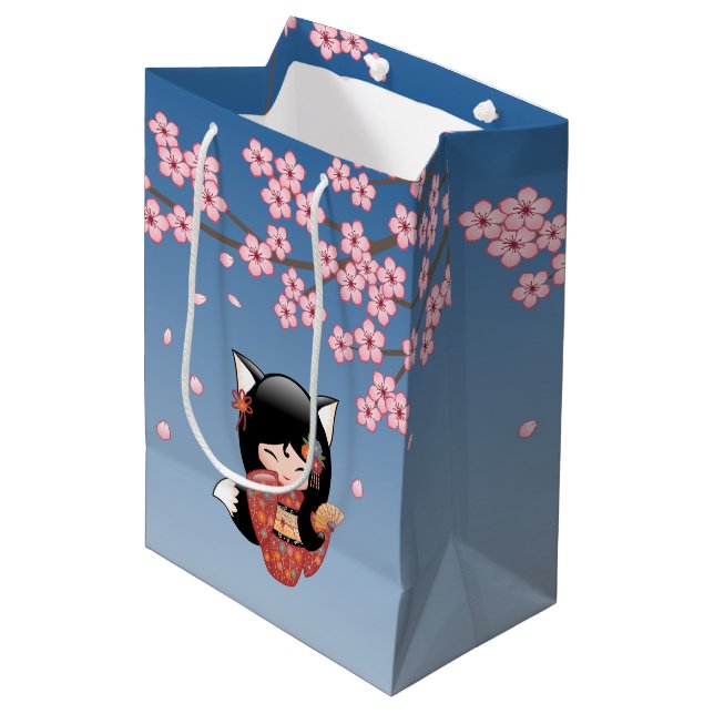 Kitsune Kokeshi Doll - Black Fox Geisha Girl Medium Gift Bag (Front Angled)