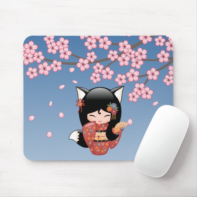 Kitsune Kokeshi Doll - Black Fox Geisha Girl Mouse Mat (With Mouse)