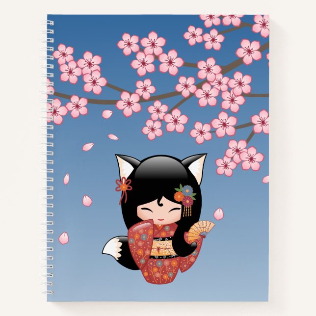 Kitsune Kokeshi Doll - Black Fox Geisha Girl Notebook (Front)