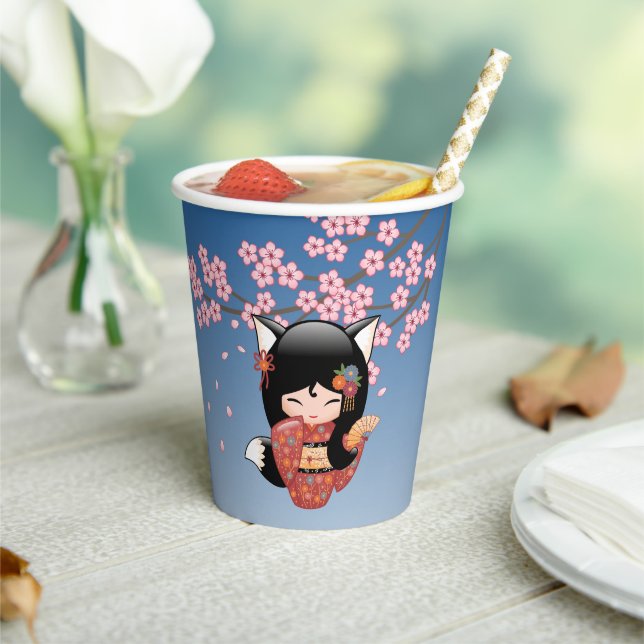 Kitsune Kokeshi Doll - Black Fox Geisha Girl Paper Cups (Insitu)