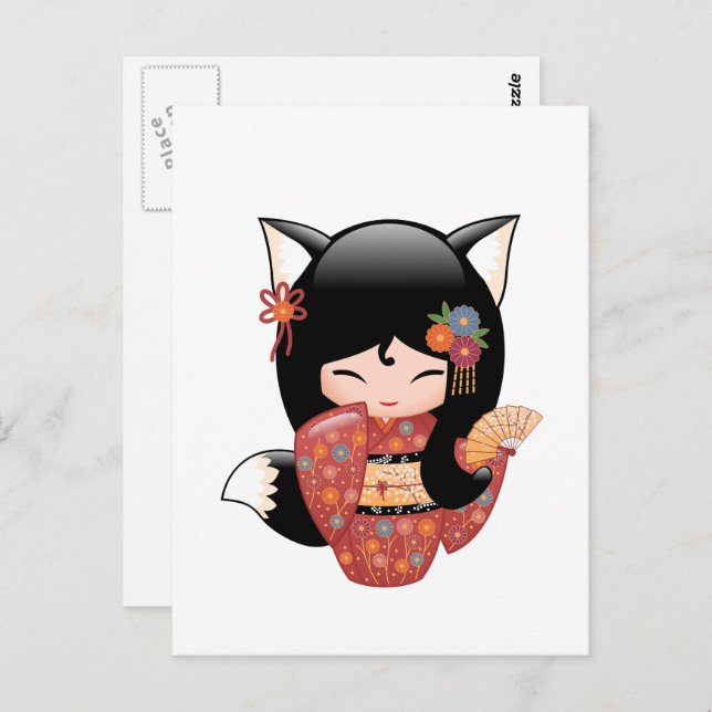 Kitsune Kokeshi Doll - Black Fox Geisha Girl Postcard (Front/Back)