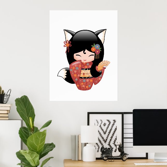 Kitsune Kokeshi Doll - Black Fox Geisha Girl Poster (Home Office)