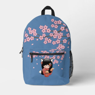 Kitsune Kokeshi Doll - Black Fox Geisha Girl Printed Backpack
