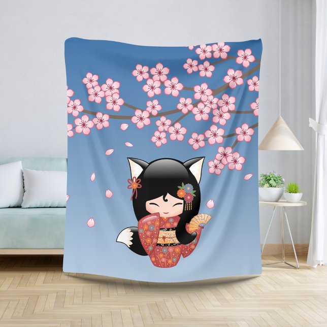 Kitsune Kokeshi Doll - Black Fox Geisha Girl Sherpa Blanket (Creator Uploaded)
