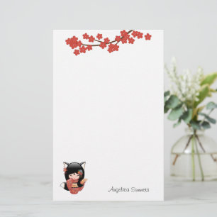 Kitsune Kokeshi Doll - Black Fox Geisha Girl Stationery