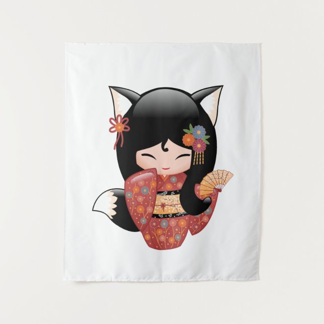 Kitsune Kokeshi Doll - Black Fox Geisha Girl Tapestry (Front)