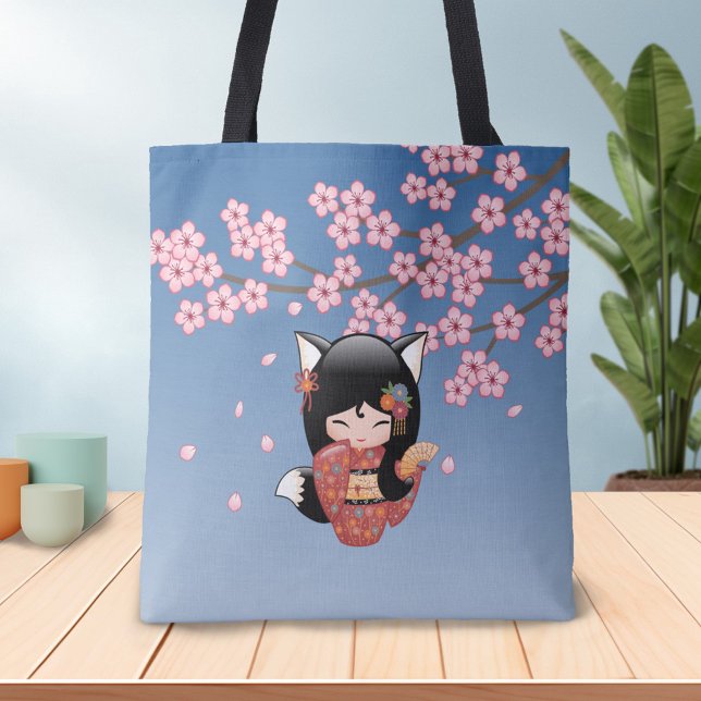 Kitsune Kokeshi Doll - Black Fox Geisha Girl Tote Bag (Creator Uploaded)