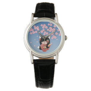 Kitsune Kokeshi Doll - Black Fox Geisha Girl Watch