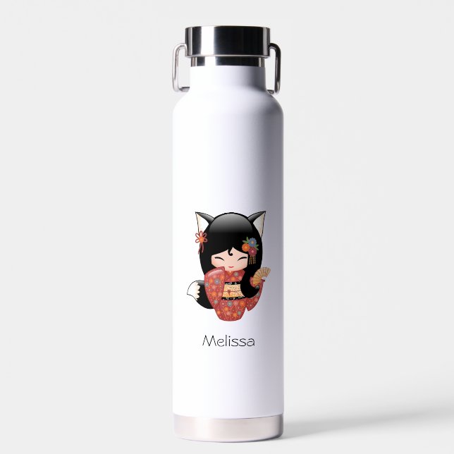 Kitsune Kokeshi Doll - Black Fox Geisha Girl Water Bottle (Front)