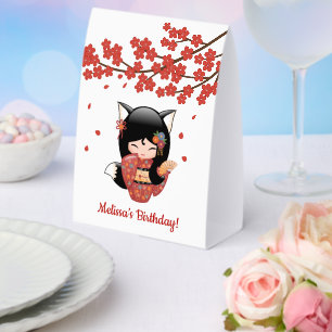 Kitsune Kokeshi Doll Black Fox Geisha Red