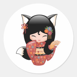Kitsune Kokeshi Doll - Black Fox Girl Classic Round Sticker