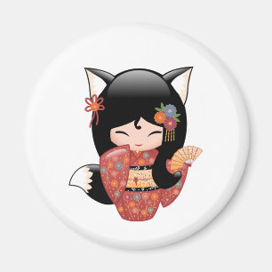 Kitsune Kokeshi Doll - Black Fox Girl Magnet