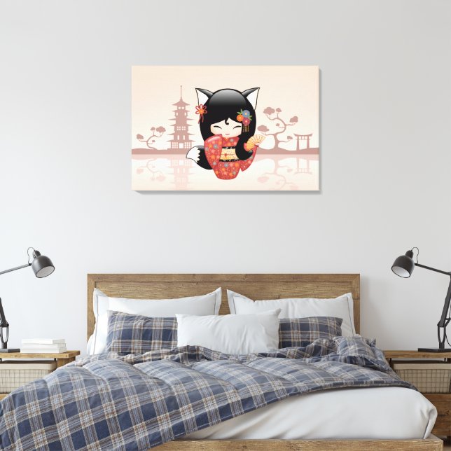 Kitsune Kokeshi Doll - Cute Black Fox Girl Canvas Print (Insitu(Bedroom))
