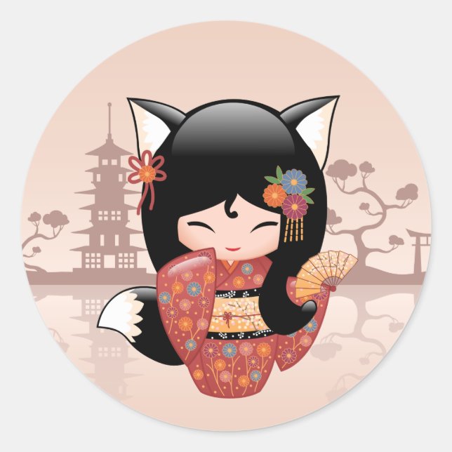 Kitsune Kokeshi Doll - Cute Black Fox Girl Classic Round Sticker (Front)