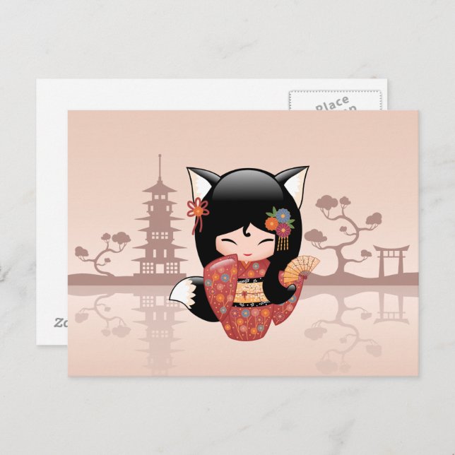 Kitsune Kokeshi Doll - Cute Black Fox Girl Postcard (Front/Back)
