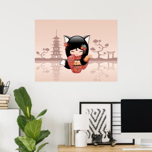 Kitsune Kokeshi Doll - Cute Black Fox Girl Poster