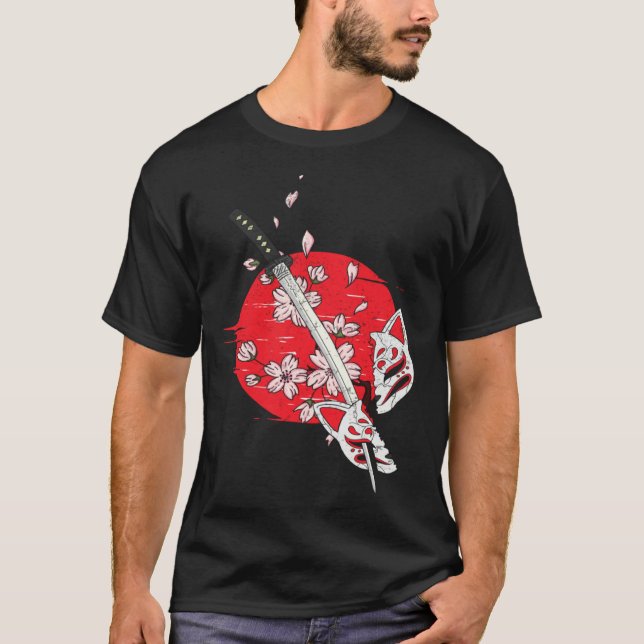 Kitsune Mask Japan katana Anim Kumiho Nine Tailed  T-Shirt (Front)