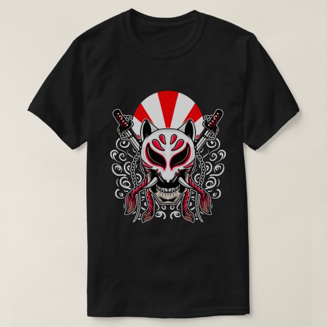 Kitsune Mask with Crossed Katanas T-Shirt (Design Front)