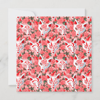 Kitsune masks and blooming camellia on pink card