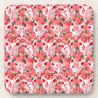 Kitsune masks and blooming camellia on pink coaster