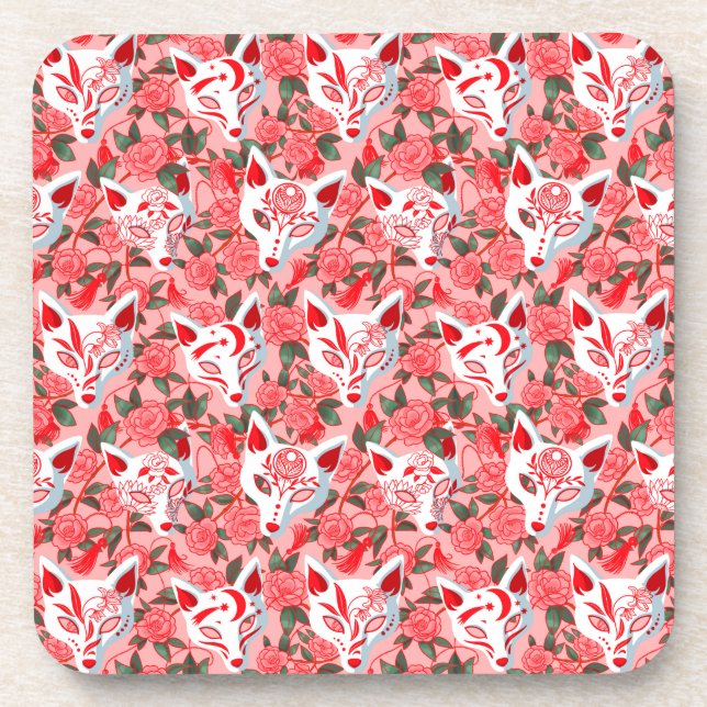 Kitsune masks and blooming camellia on pink coaster (Front)