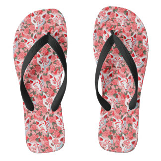 Kitsune masks and blooming camellia on pink flip flops