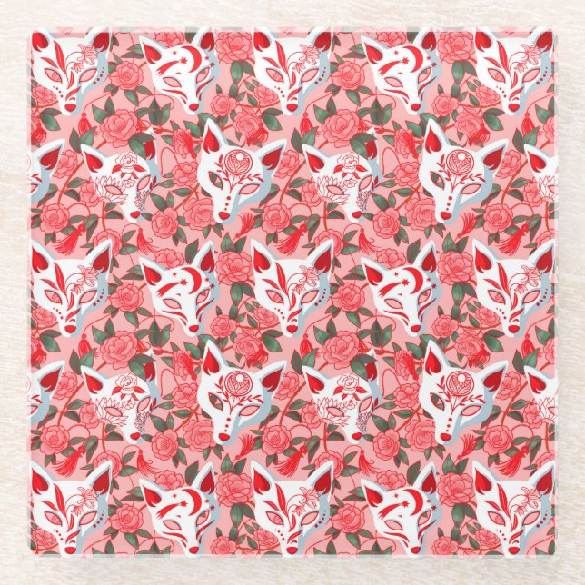 Kitsune masks and blooming camellia on pink glass coaster (Front)