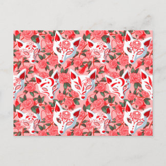Kitsune masks and blooming camellia on pink invitation postcard