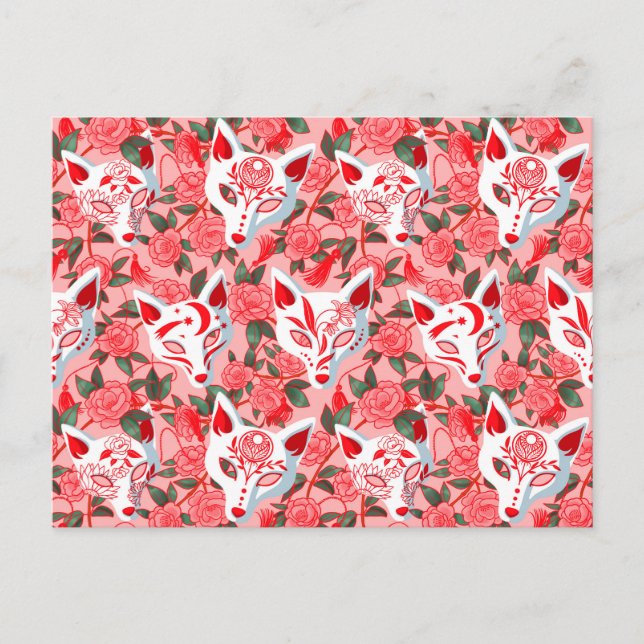 Kitsune masks and blooming camellia on pink invitation postcard (Front)